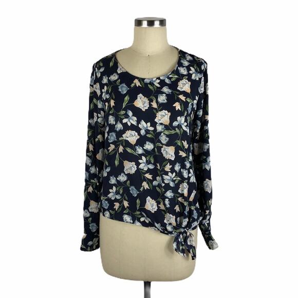 SOCIALITE Navy Blue Floral Front Tie Blouse S NWOT Preppy Chic Pastel - Picture 1 of 5